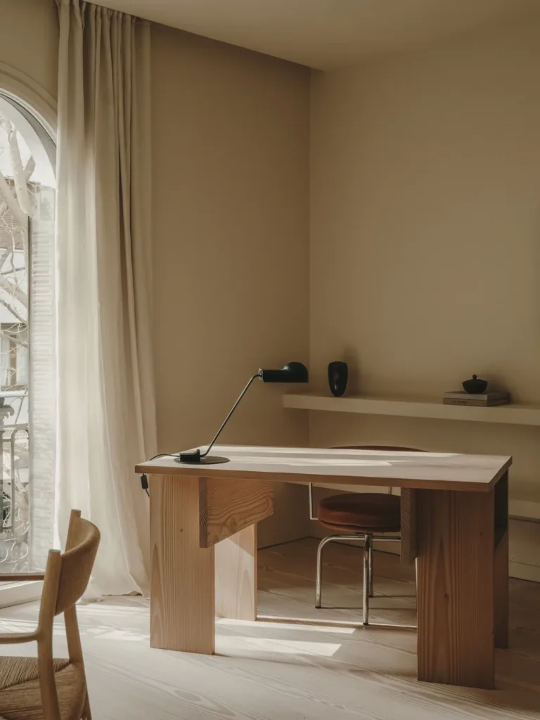 Escritorio junto al ventanal de Casa Ambrose sobre suelo Dinesen Layers Douglas Classic