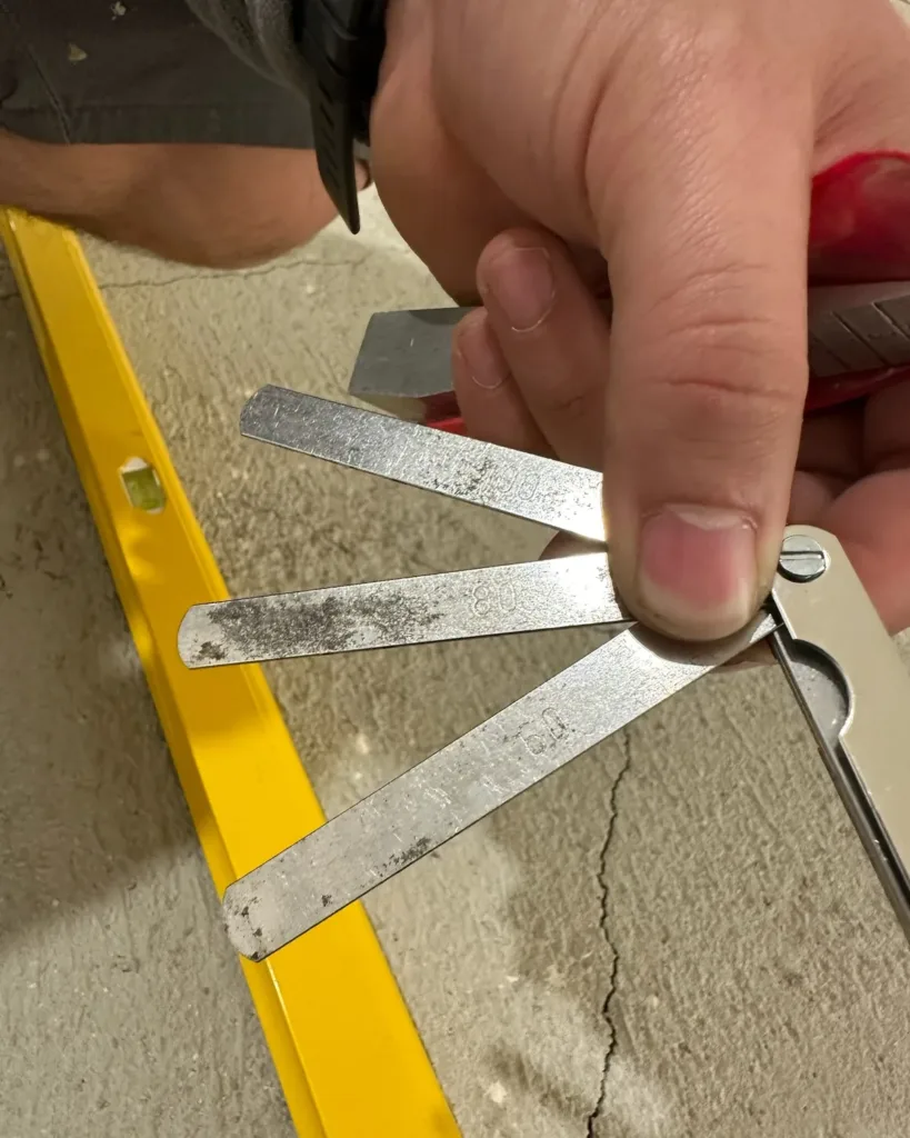 Galgas de espesor de 0,6, 0,8 y 1 mm junto a la regla sobre una solera: así se mide una ceja o la planitud local en 20 cm