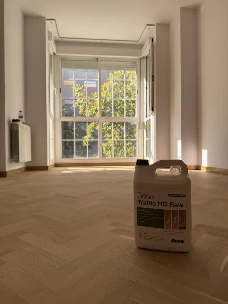 Envase de Bona Traffic HD Raw sobre el parquet de roble en espiga recién barnizado, piso con mirador en Madrid