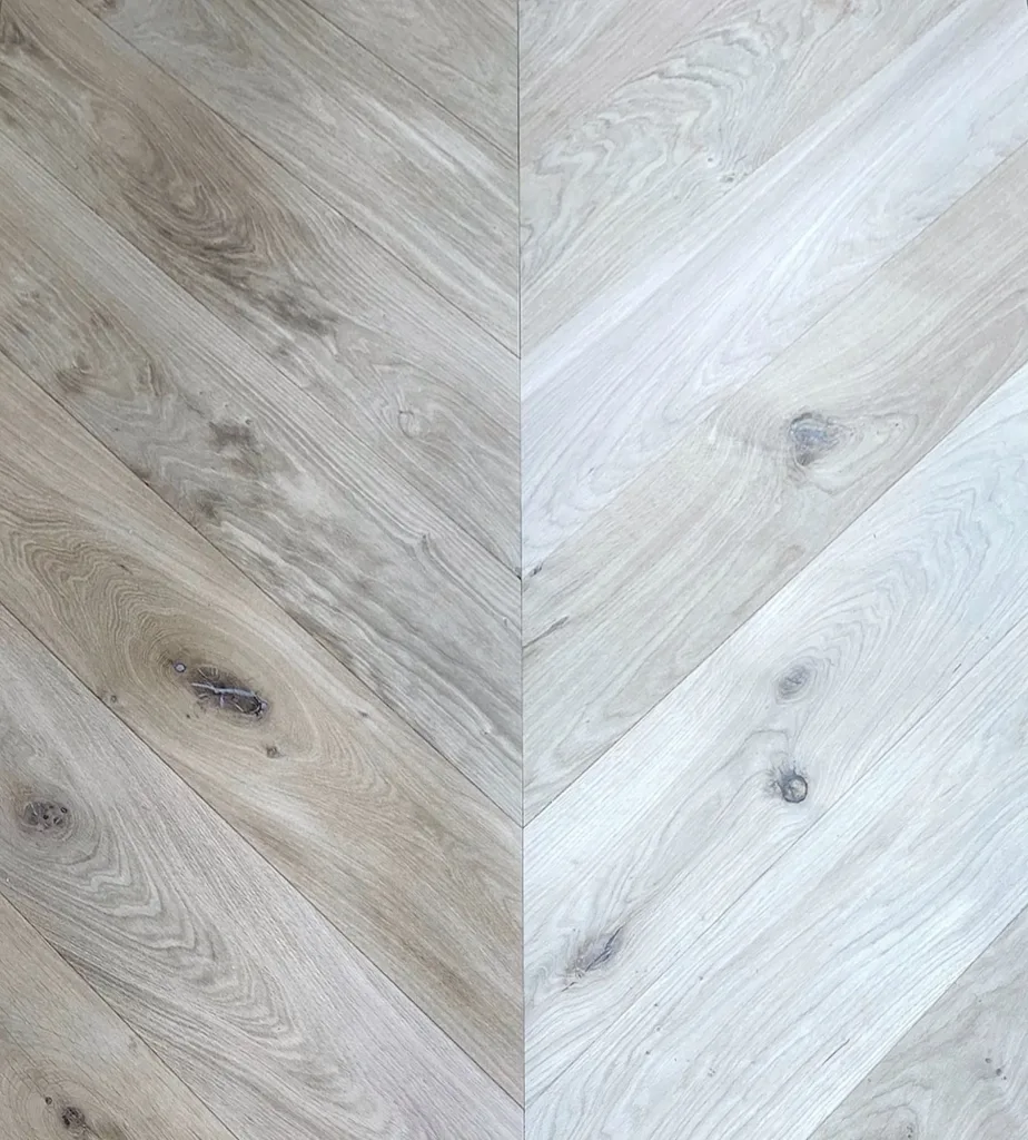 Punta de Hungría de roble con nudos: a un lado del eje, piezas de tono más gris y al otro, más claras