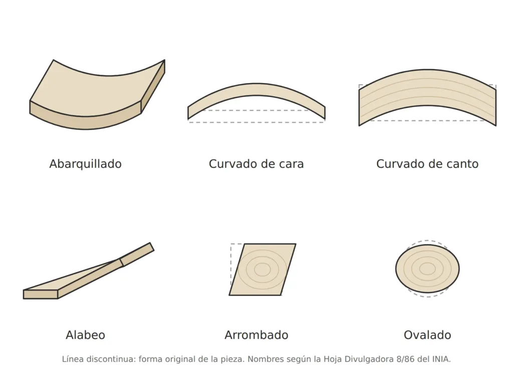 Dibujo de los seis tipos de deformación de una tabla de madera: abarquillado, curvado de cara, curvado de canto, alabeo, arrombado y ovalado