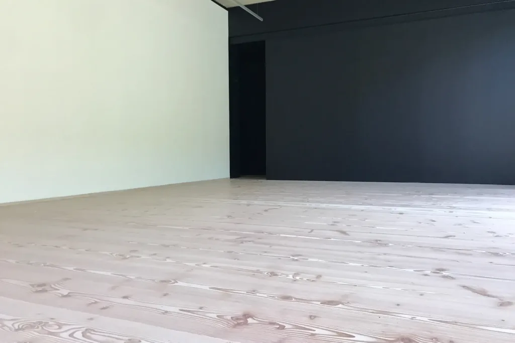 Sala con pared negra y suelo Dinesen Douglas de tono claro, vivienda en Las Cárcavas (Madrid)