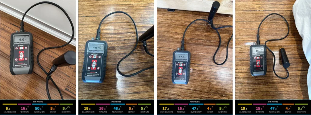 Cuatro lecturas de un medidor de humedad de agujas sobre un suelo de bambú prensado, con la misma escala y los valores de temperatura, humedad relativa y punto de rocío: 6,0 % en la zona sana y 18,8, 17,0 y 19,7 % en la zona afectada